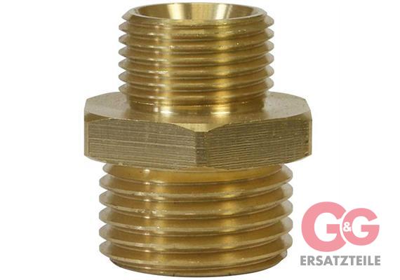 Doppelnippel 1/2"AG : 3/4"AG Messing 250 bar Länge: 34 mm. Max. 150 °C
