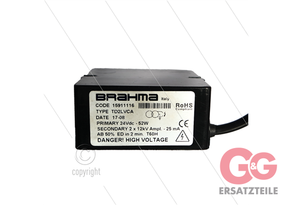 Zündtrafo Tecno.mec - Brahma - Primair: 24V DC - 2,1A - Secundair: 2 x 12kV - 25mA - AB 50