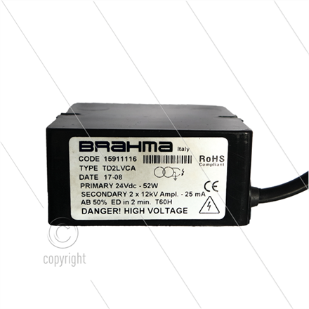 Zündtrafo Tecno.mec - Brahma - Primair: 24V DC - 2,1A - Secundair: 2 x 12kV - 25mA - AB 50