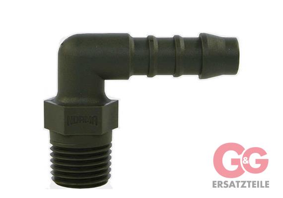 HOSE BARB, PLASTIC 90° 1/4"M-10MM