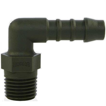HOSE BARB, PLASTIC 90° 1/2"M-13MM